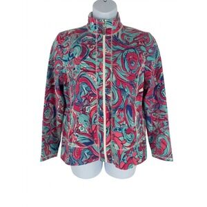 Talbots Womens XL Paisley Full Zip Mock Neck Jacket Pink Blue Teal Activewear